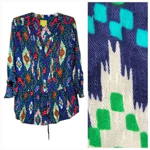 Anthropologie Maeve Top Geometric Print Woven Henley Blouse Bohemian Western